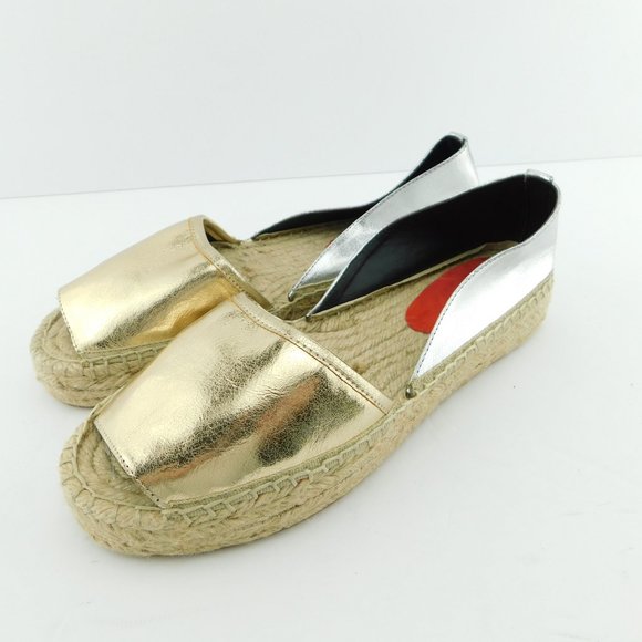 REBECCA MINKOFF Gold Silver Metallic Leather Flat Espadrille Slip On Shoes 7 - Picture 1 of 5